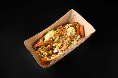 Sweet potato fries with corn and Parmesan with Cheese Sauce Myastoriya Meat Bar Lavina Shopping Mall undefined photo
