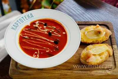 Томатний суп та грінки з сиром та креветками Картотека undefined фото