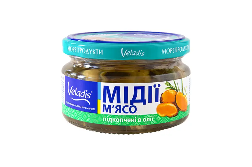 Морепродукти "Veladis" м'ясо мідій пiдкопчені в олії банка скло (200гр) - "Veladis" в Києві фото 